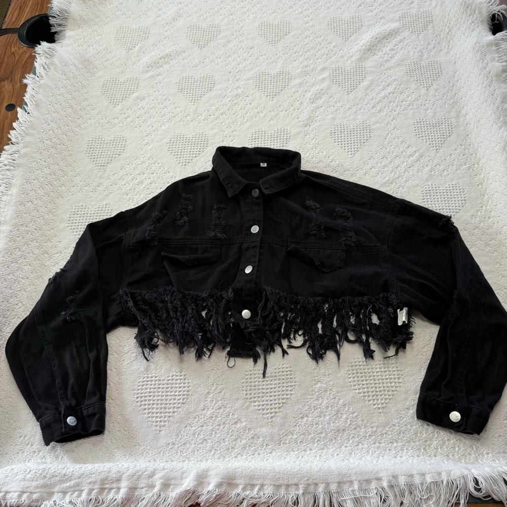 SHEIN Distressed Black Denim Cropped Jacket (M)